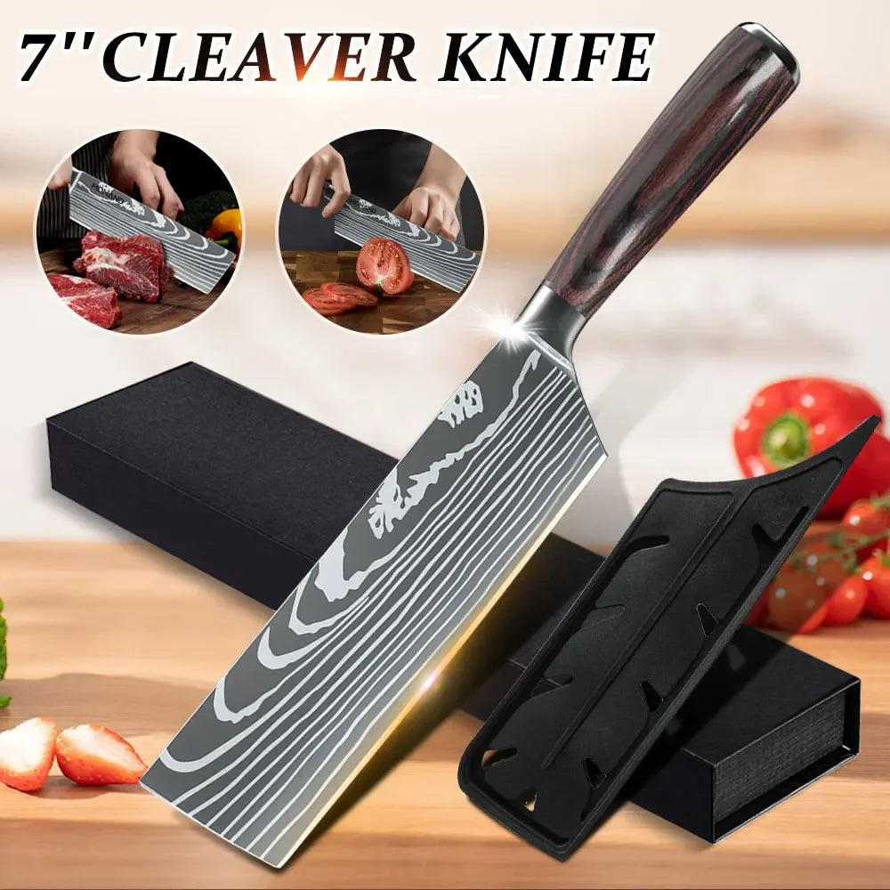 7 inch Santoku Knife Professional Japanese Laser Pattern Chef Knives Meat Cleaver High Carbon Stainless Steel Kitchen Knife